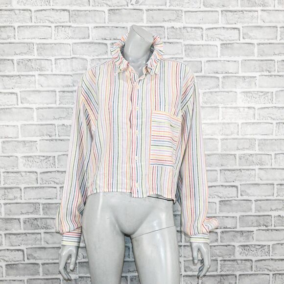 BANZO Women's 100% Linen Antique Ruffle Collar Boxy Shirt Striped multi sz XL - Picture 1 of 11